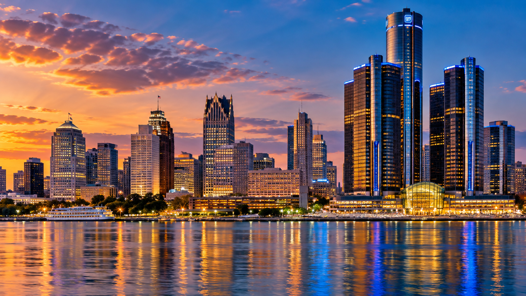 Detroit skyline and Renaissance Center glowing at sunset across the river
