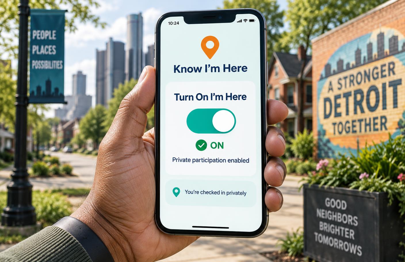 A Detroit resident holds a phone showing Know I'm Here switched on with private participation enabled